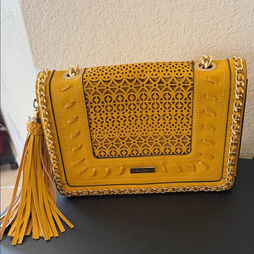 Aldo Mustard Laser-Cut Crossbody Bag
